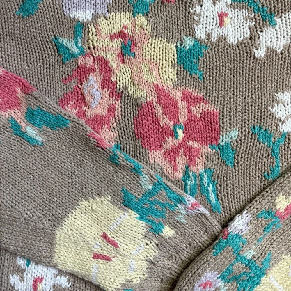 Vintage St Malo Floral Knit Sweater Tan Pink Yellow Intarsia Crewneck Womens L